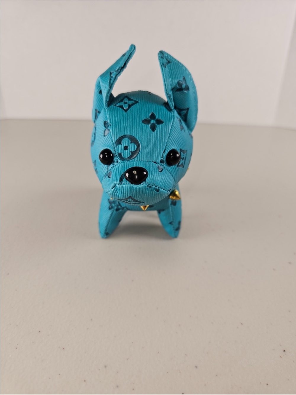 Faux Leather French Bulldog Bag Charm Black Spiked Collar Keychain 5" Teal.